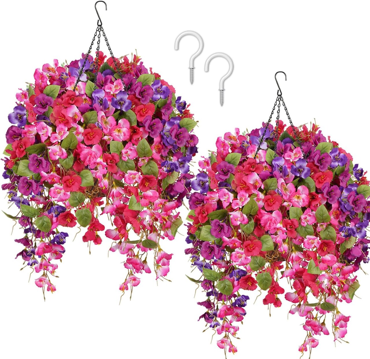 2 Sets (12 Bundles) Artificial Hanging Hibiscus Flowers – UV-Resistant Silk Faux Hanging Plants in Coconut Baskets for Patio, Porch, Garden, Balcony, Outdoor Home Decor (Pink, Red & Purple)